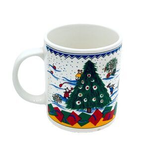 Vintage Christmas Coffee Tea Cup Mug Retro Mice Bears Trees Whimsical Scene